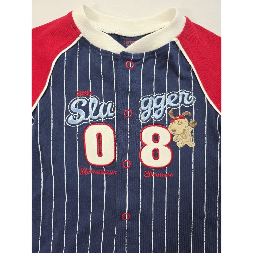 Carter's Baby Boy Baseball Romper 6M Blue Red Pinstripe Snap Outfit NWT - Picture 2 of 5